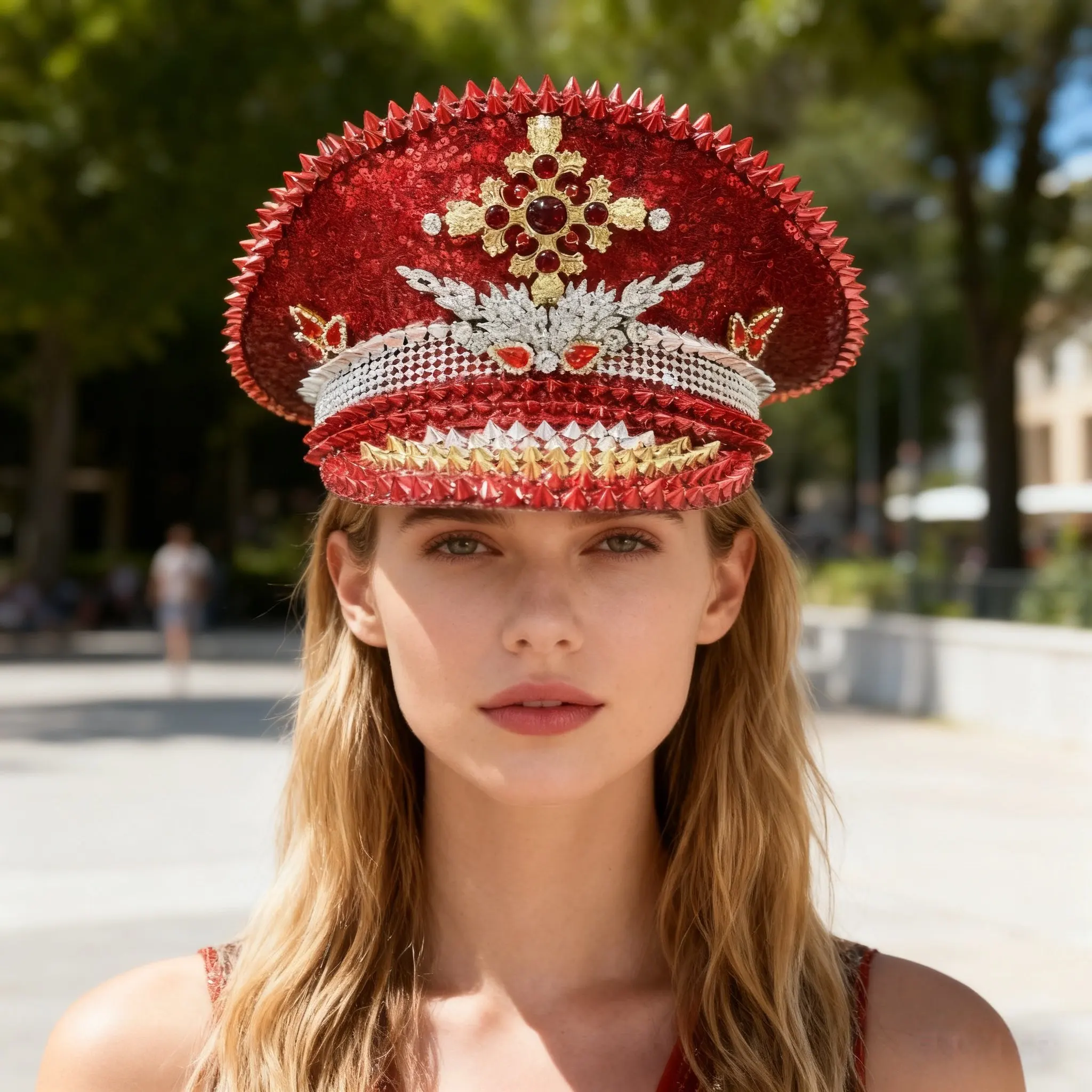 HongLuan Red Steampunk Captain Hat Rhinestone for Burningman Festival Woman, Vintage Military Assessories & Military Cap