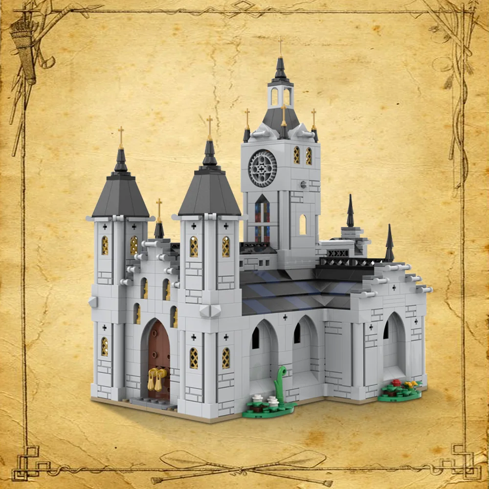 MOC Chiesa Medievale Modello Building Blocks Sacerdote Tempio Altare Confessore Campana Torre Chiesa Cristiana Architettura Mattoni Giocattolo Regalo