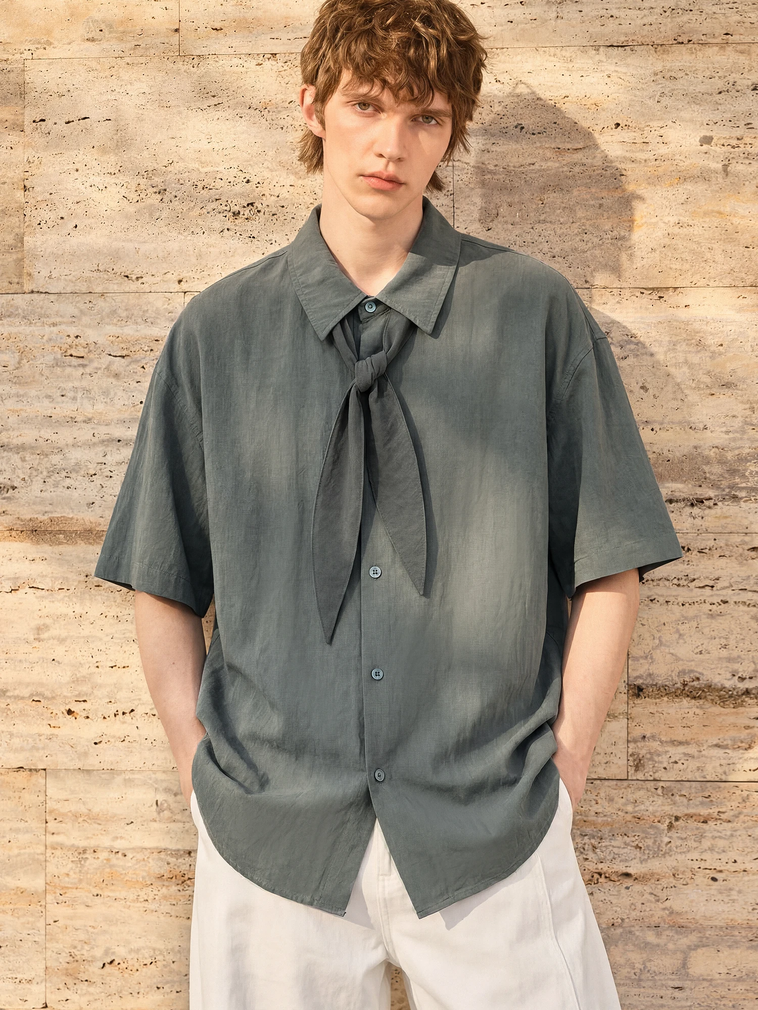 Loose Short Sleeve Men's Shirt with Scarf Tie High Street Style Simple Top Coat Breathable Comfortable Spring Summer Shirt