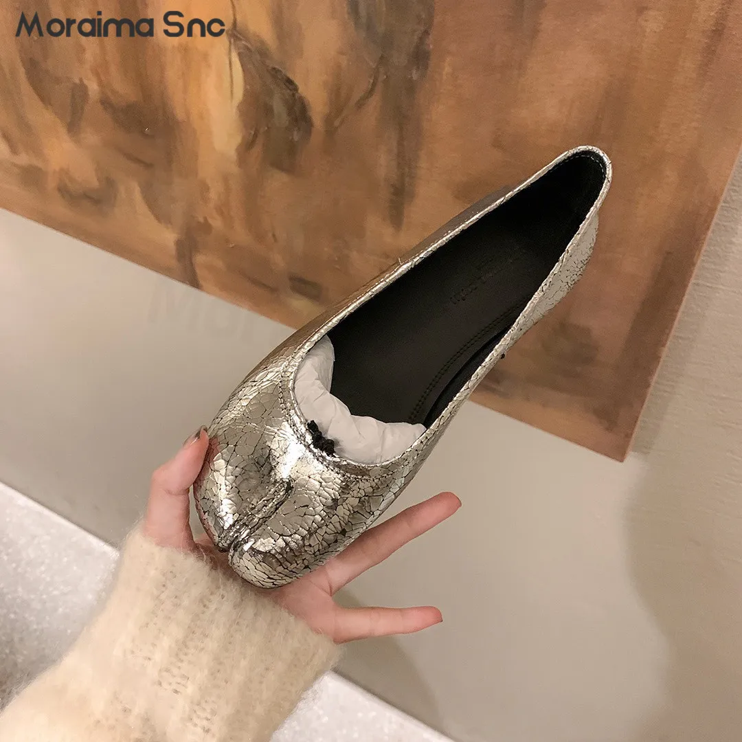 

Silver Mirror Crackle Split-Toe Shoes Shallow Flat Loafers Ready-Made Small Bow Fashion Ballet Flat Casual Women's Shoes