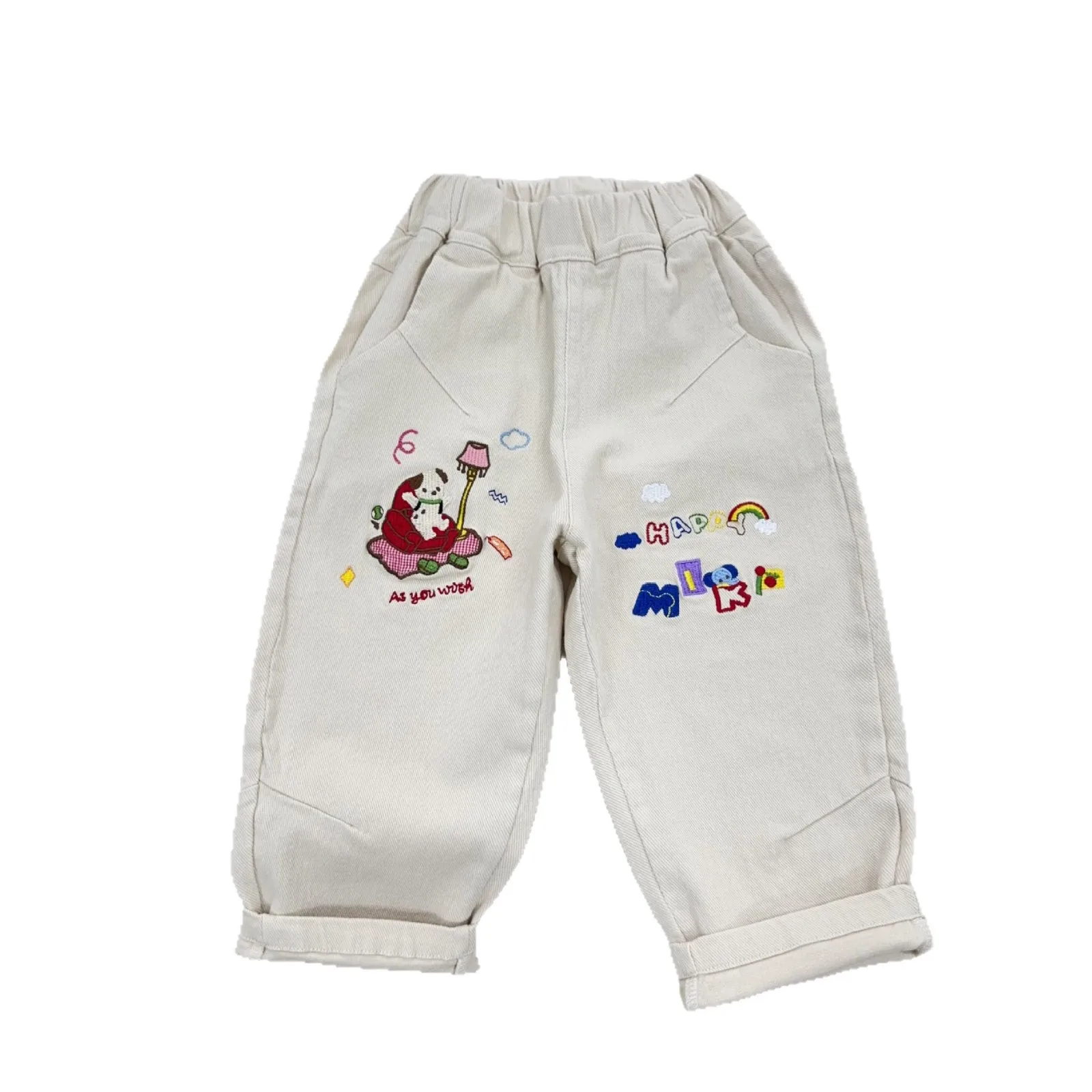 

2025 Autumn New Japanese Boys' Casual Pants Soft and Happy Puppy Cartoon Embroidery Baby Woven Pants