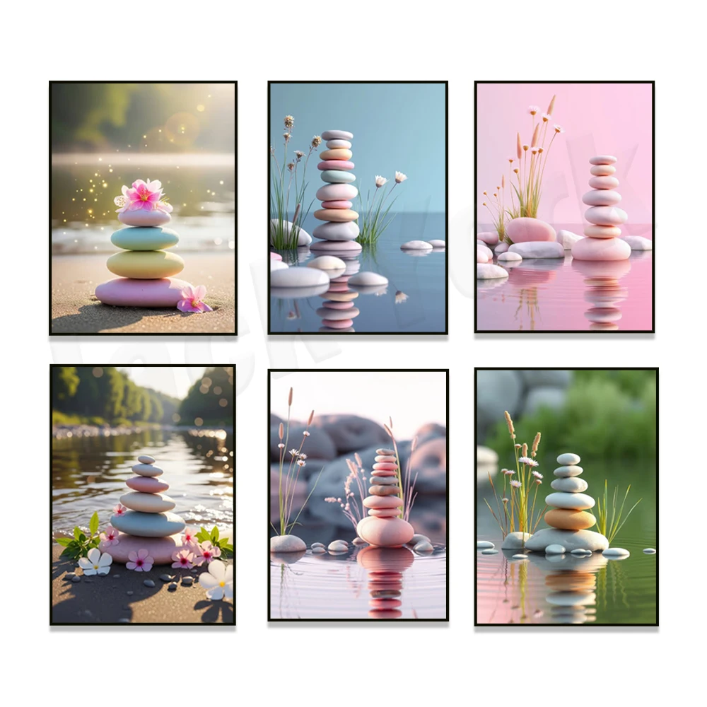 Zen-inspired stone piles, balancing stones, sandstone lotus flowers, tranquil and relaxing spa style, living room home poster.