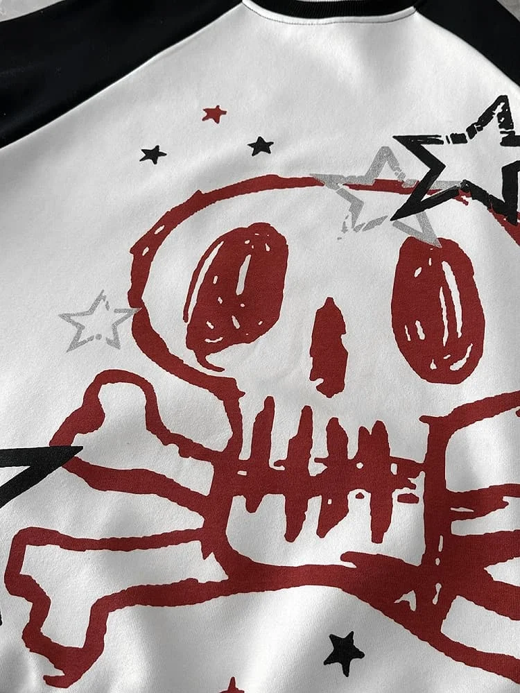 Casual Oversized Raglan Round Neck Hooded Sweatshirt Y2K Punk Black and White Skull Star Graffiti Print Pullover Party Top - view 6