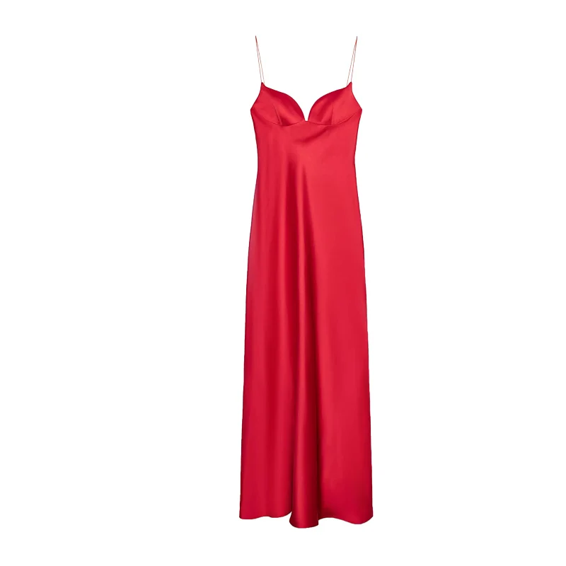 Sommer Neue frauen Lange Seide Satin Kleid Herz Kragen Strap Hohe Taille Keine Sve V-ne Farbe Pendeln Sle Dr