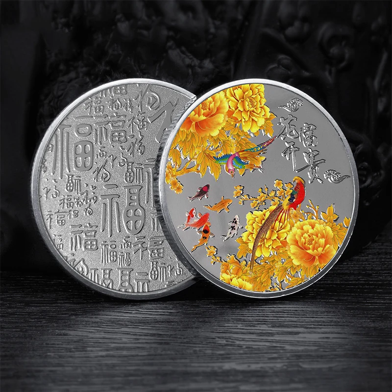 Chinese Lucky Coin Flower Blossom Commemorative Coin Animal Fish Printing Souvenir