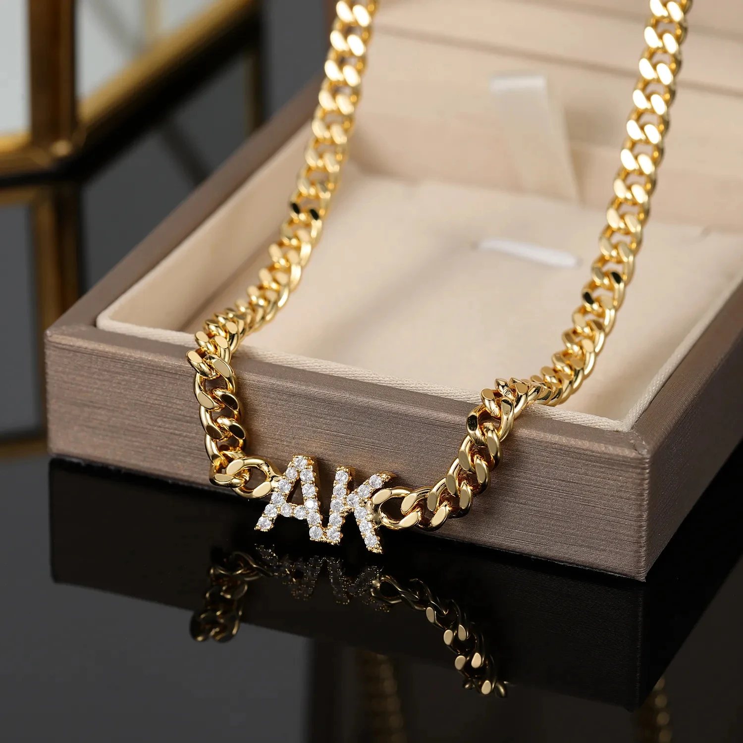 

Custom Zircon Hip Hop Chain Name Necklace Cuban Chain Stainless Steel Personalized Letter Necklaces for Women Perfect Unique Gif