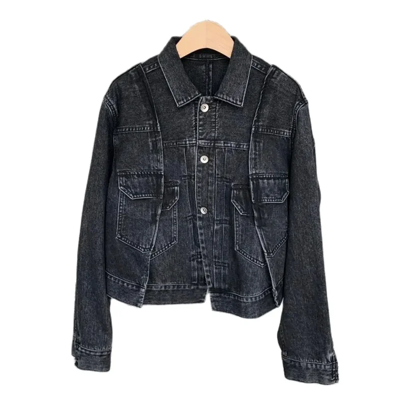 New 2024 High Quality Women 100% Cotton Denim Patchwork Jacket Polo Collar High Street Chic Stunning Fashion Design Trendy SC