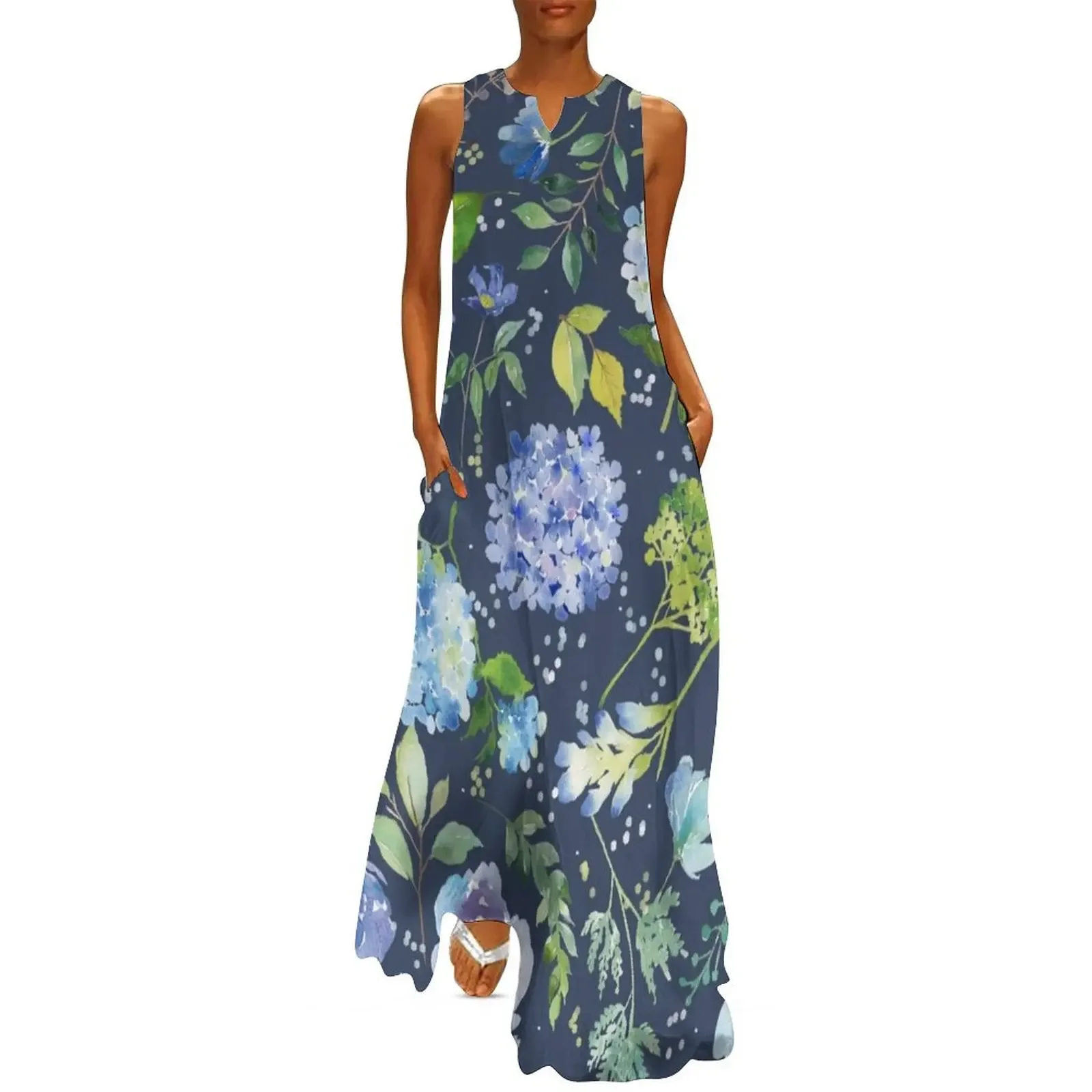 

Floral Watercolor Blue Lilac Flower Pattern Long Dress wedding dresses for parties Women's summer long dress Dress