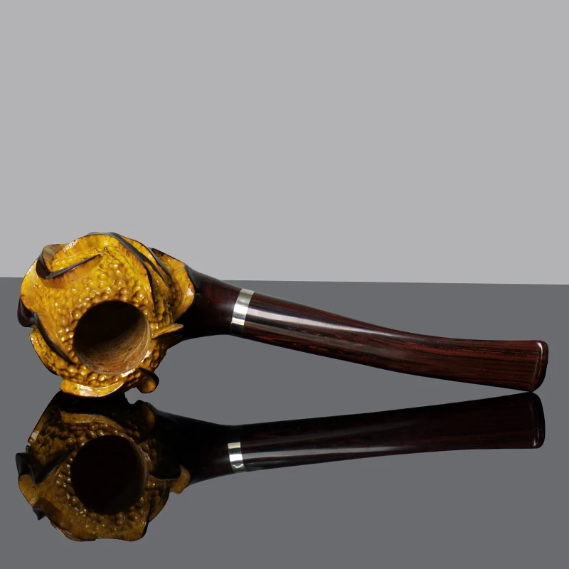 High Quality Briar Wood Smoking Pipe Hand Carved Bent Stem Mouthpiece 3mm Filter With Silver Decorative Ring