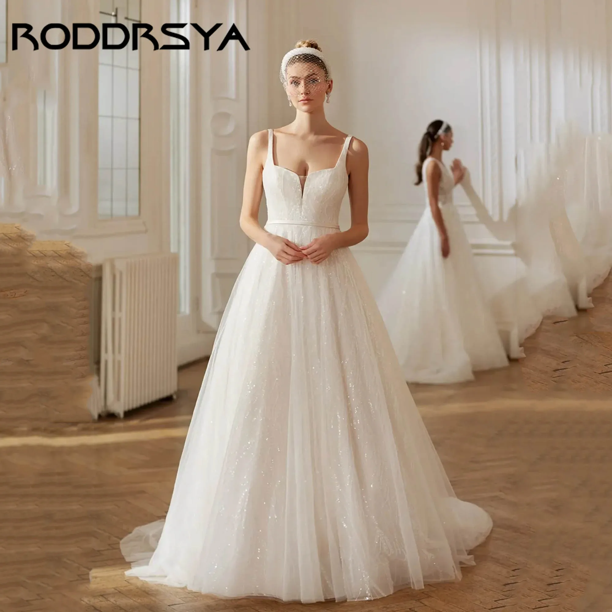 

RODDRSYA Sparkly Tulle Wedding Dress Spaghetti Straps A-line Backless Bridal Gowns V-neck Princess vestidos de novia Customized