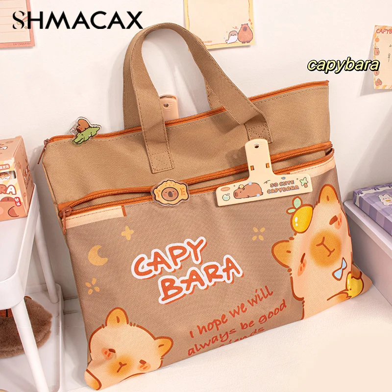 

Canvas Capybara Students Tutorial Bag Large-capacity With Zipper Tote School Packet School Office Supplies File Bag Student