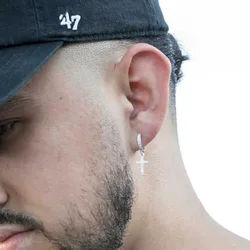 Hiphop Small Cross Pendant Earrings For Women Men Black Gold Silver Color Tiny White Zircon Ear Buckle Hoops Punk Party Jewelry