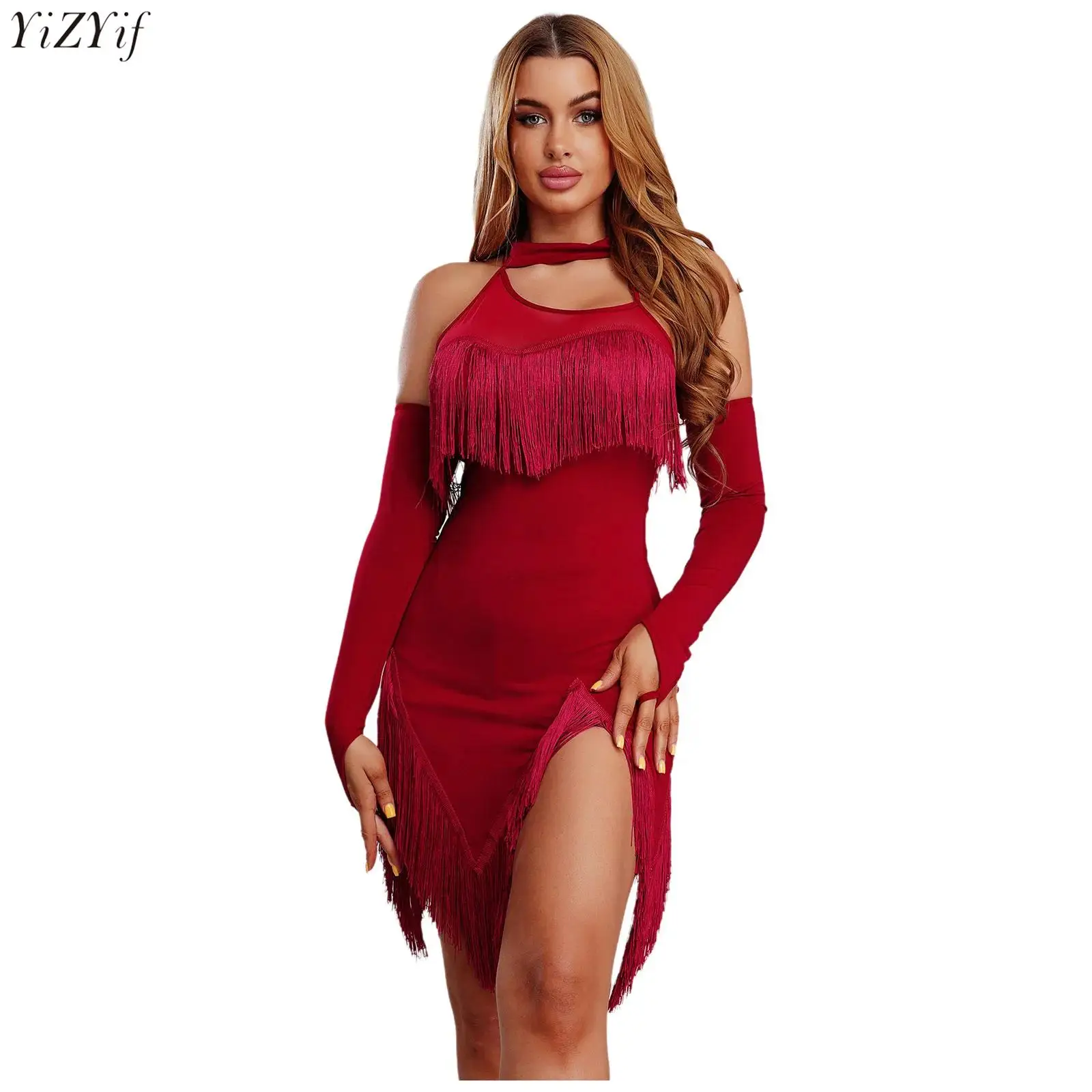 

Женское платье для латинских танцев чача, платье без рукавов с нерегулярным подолом и кисточками + защитные шорты + перчатки, наряд для танцевального бала