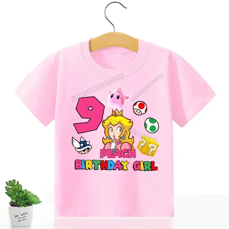 Peach Princess Number T Shirt for Girl Birthday Clothes Super Marios Baby Cotton Tees Tops Cute Cartoon Summer Digital Tee Shirt