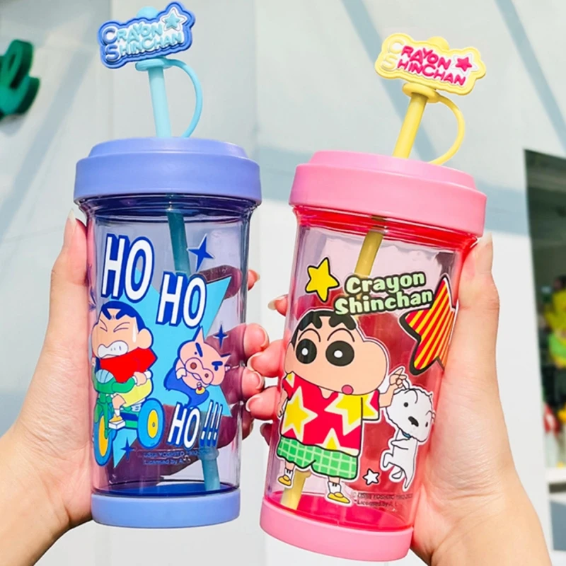 500-600ml Anime Crayon Shin-Chan Cute Big Head Cup Heat-Resistant Plastic Water Cup Large Capacity Portable Straw Cup Gift