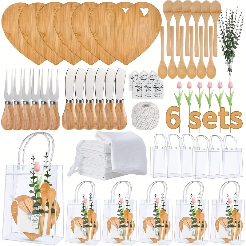 Kits de regalo para fiestas de baby shower de 6 piezas – Incluye tabla de quesos de madera, cuchara para servir, tenedor, cuchillo para mantequilla, toalla de algodón a cuadros, tarjeta de agradecimiento y bolsa de regalo reutilizable – Perfecto para baby showers, celebraciones de bodas, reuniones nupciales y preparación para ocasiones especiales