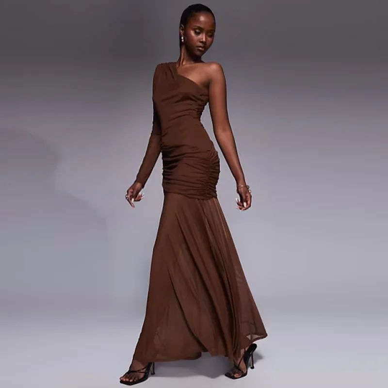 Maßgeschneidertes, schulterfreies, langärmliges, sexy Abendkleid für Damen, modisches, rückenfreies, figurbetontes Abendkleid aus Mesh