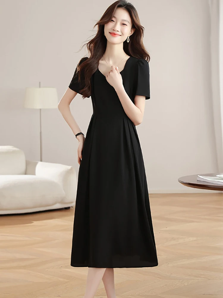 여성 한국 빈티지 헵번 프롬 드레스 여름 블랙 플리츠 바디콘 오피스룩 드레스 2025 신상 우아한 캐주얼 페스티벌 드레스