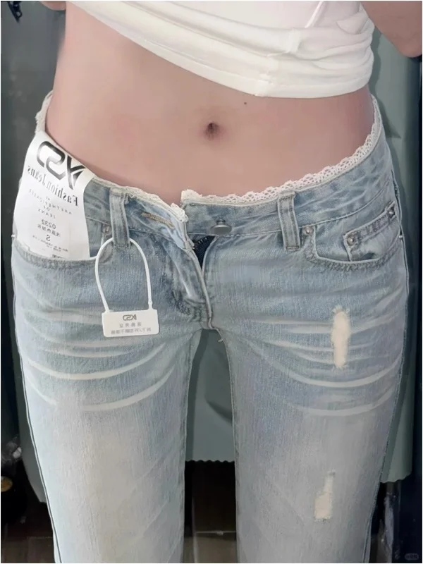 

Светло-голубые расклешенные джинсы с заниженной талией, женские весенне-летние кружевные утягивающие леггинсы с низкой талией, повседневные джинсовые брюки