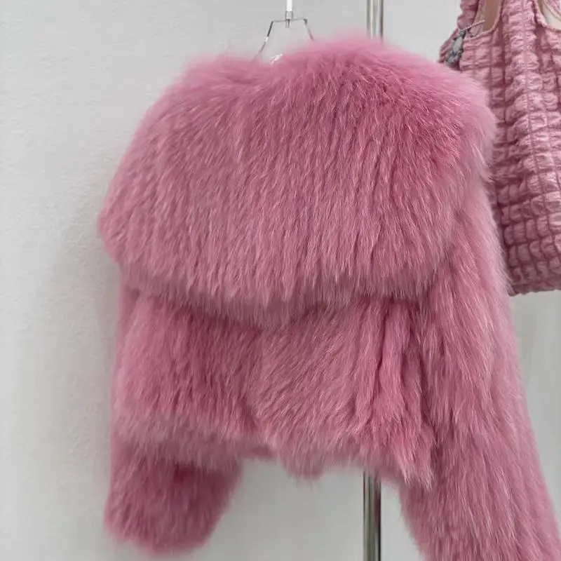 Jaqueta Fena Curta Estilo Jovem com Gola Azul-Marinho e Pele Sintética de Raposa, Versão Coreana, Ecológica, Ajuste Solto...