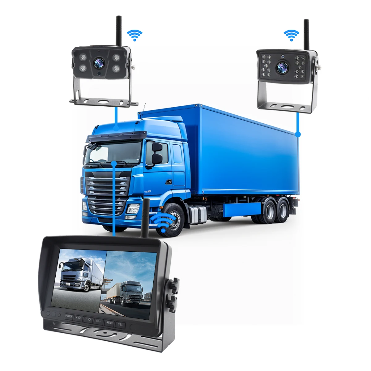 كاميرا احتياطية لاسلكية 7 بوصة DVR رباعية سبليت مراقب لشاحنة مقطورة إشارة رقمية HD 1080P نظام احتياطية للكاميرا اللاسلكية