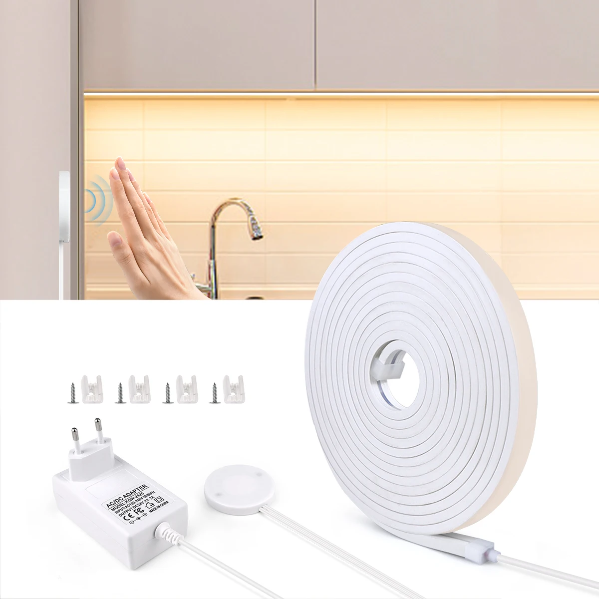 

24V COB LED Under Cabinet Light Dimmable Neon Strip with Smart Penetrable Wood Mirror Touch Motion Sensor Switch Kitchen Lamp