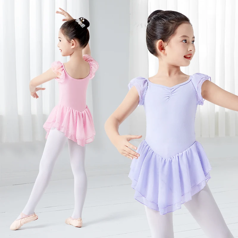 Girls Ballet Leotards Pink Ballet Dress 2 Layers Mesh Dress Ruffle Sleeves Ballet Dance Costumes Cotton Gymnastic Bodysuits