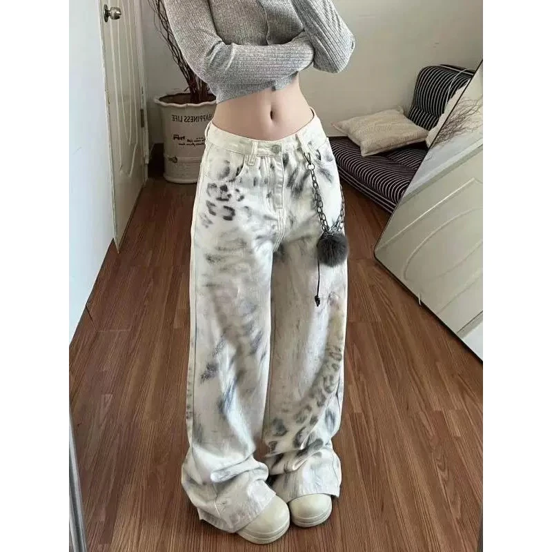 

Y2K Белые джинсы женские леопардовые тай-дай широкие брюки повседневные длиной до пола зимние дизайнерские брюки