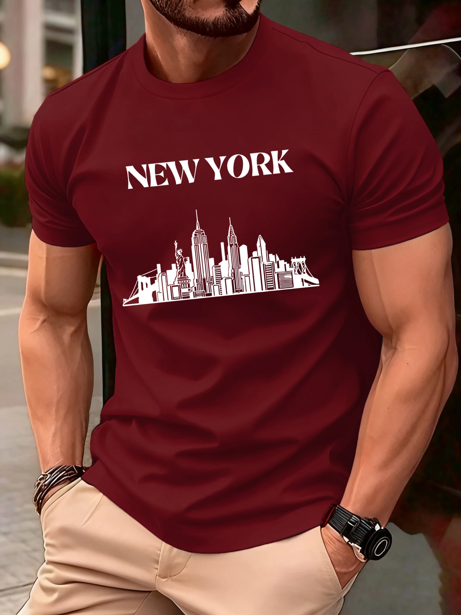

Мужские футболки с силуэтом Нью-Йорка, повседневные топы в стиле хип-хоп, разноцветная хлопковая футболка, летняя свободная мужская футболка с круглым вырезом и коротким рукавом