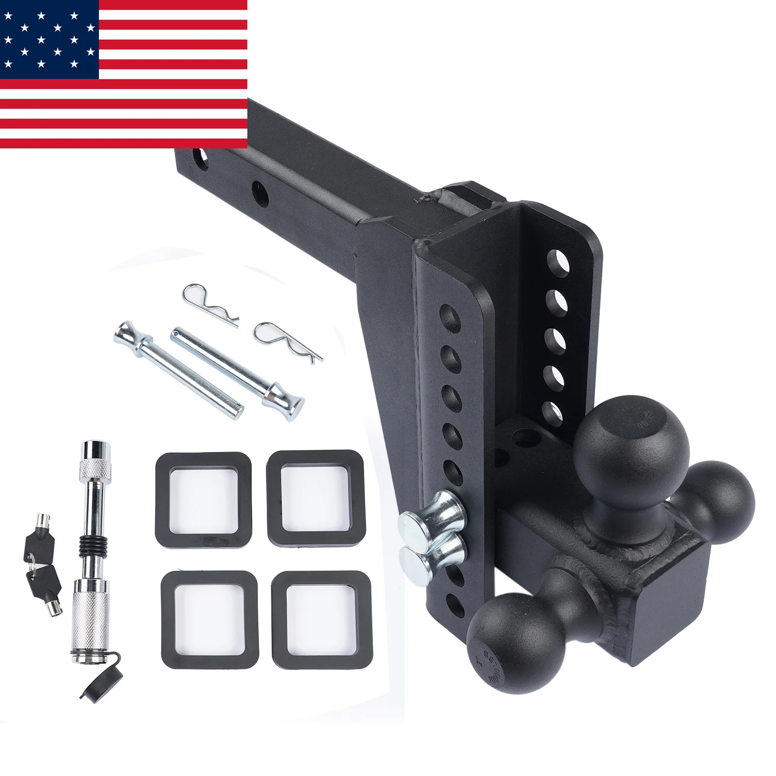 AP03 Black Tri-Ball Trailer Hitch Fits 2'' Receiver 8'' Drop/Rise 18500 LBS Heavy Duty