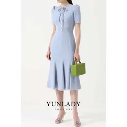 YUNLAN Elegant Blue Women's Slim Evening Dress Skirts and Cuffs With Lace Edges 2024 Saudi Arabia Special Occasion Dresses