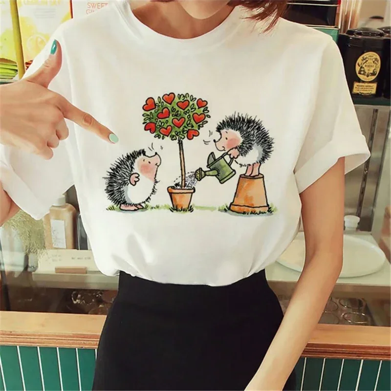 Cute Women T Shirt 2024 Cartoon Hedgehog Print Tops Tshirt femme Graphics Korean Fashion Harajuku Streetwear Ladies Tee shirt