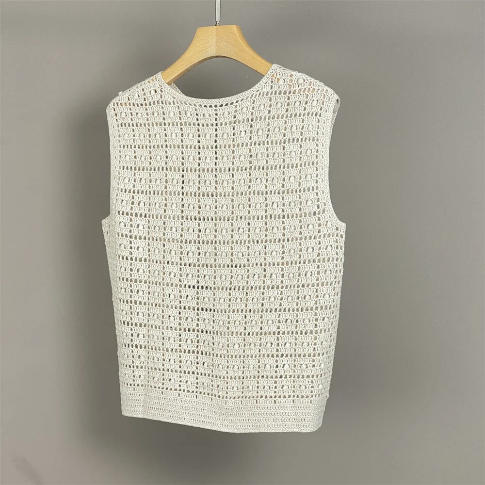 Gilet tricoté à col rond ajouré pour femmes, crocheté à la main, à la mode, assorti avec tout, été