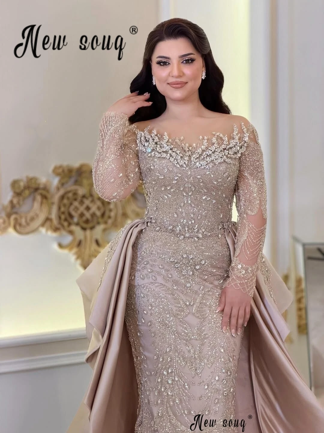 Damen Blush Pink Hochzeits- und Partykleid 2-in-1 – Neue Abendkleider 2026 mit maßgeschneiderten langen Ärmeln und transparentem Ausschnitt für Promis und Abschlussbälle
