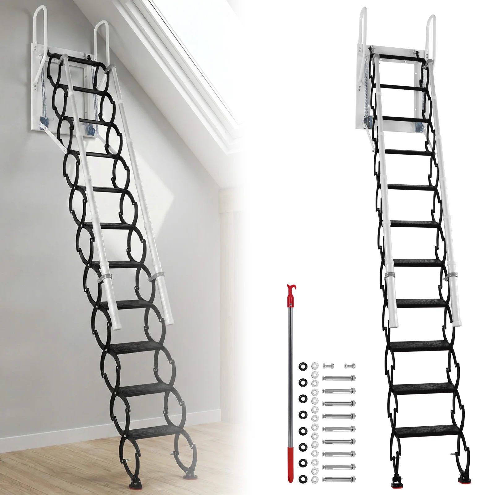 

Телескопическая лестница с 2 поручнями и системой выдвижения, металлическая телескопическая стремянка, грузоподъемность 660 фунтов, для использования внутри и снаружи помещений