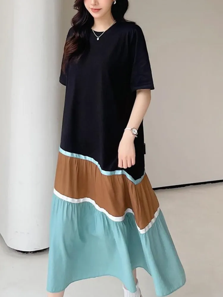 Sommer frauen Kleider Lose Plus Größe Patchwork Dame Vestidos Kurzarm Weibliche Robe T-Shirt Schwarz Kleid Kleidung