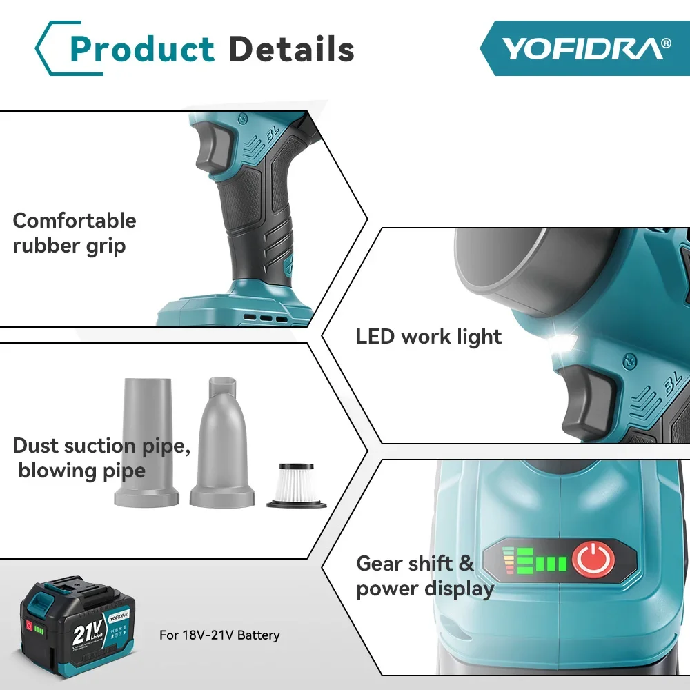 YOFIDRA 2IN1 350M/S Bürstenloser Elektrischer Turbo-Luftgebläse-Akku-Jetventilator für Blatt- und Schneesaugung sowie Blasen, Elektrowerkzeug für Makita 21V Akku – Detail 6