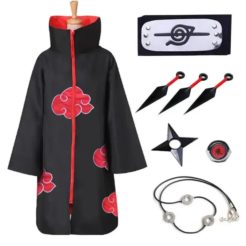 

Anime Ninja Cosplay Costume Red Cloud Cloak Robe Costume Men Kid Halloween Role Play with Rings Headdress Necklace Props