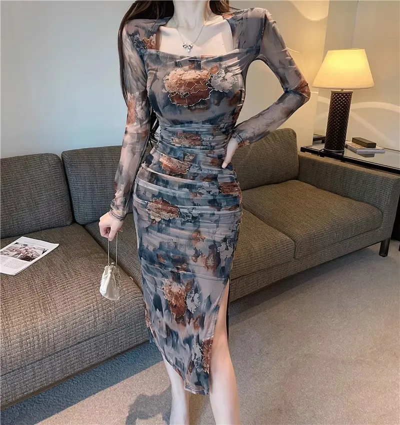 여성용 긴 소매 꽃 프린트 드레스, 섹시한 스퀘어 칼라, 신축성 있는 메쉬 원피스, 스플릿 롱 바디콘 드레스, 용수철 가을