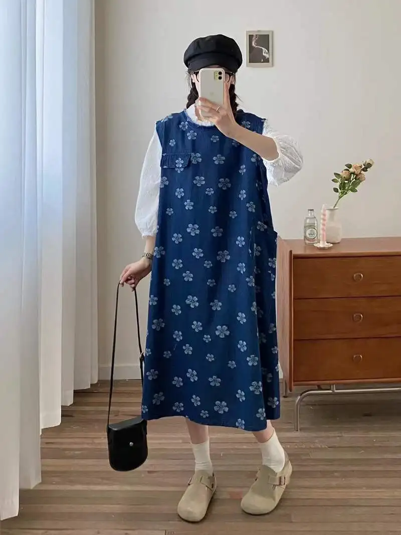 Novo 2025 verão denim algodão sem mangas vestidos, feminino o pescoço impressão, mori menina doce versátil festa solto colete vestido d54055cc