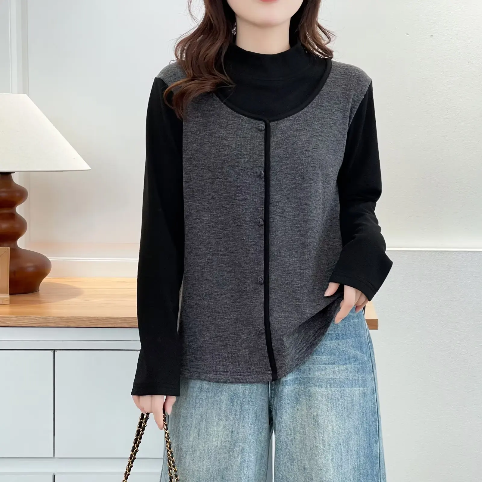 

XXXXL модная женская одежда больших размеров, футболка, зимняя новая флисовая теплая футболка в стиле ретро с воротником-стойкой, искусственные базовые топы из двух предметов, 202