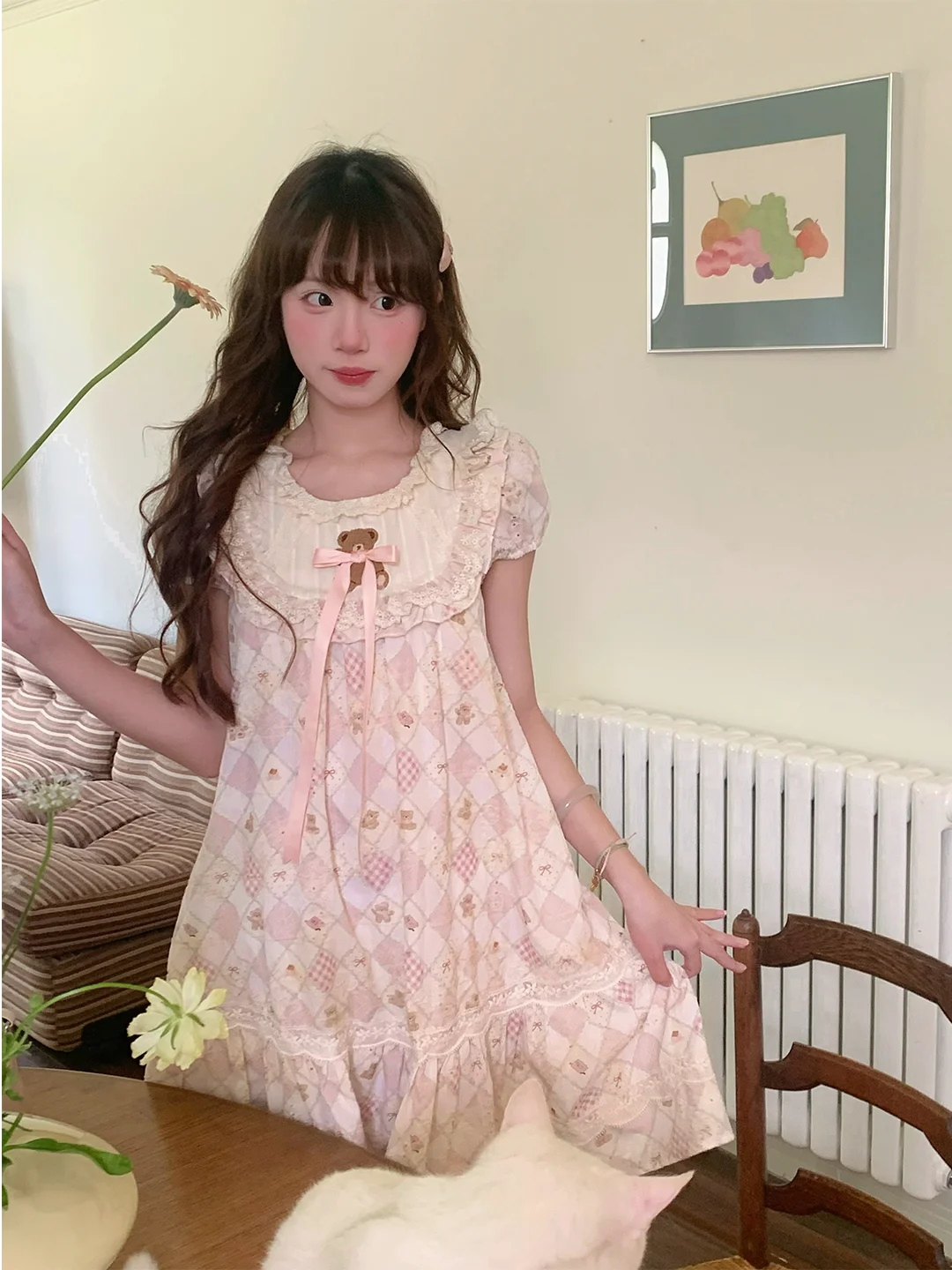 Sweet Style A-Line Dress Lace Short Sleeve round Neck Girl's Dress Summer New Arrival Sleepy Bear Brand Casual Wear Daily Use