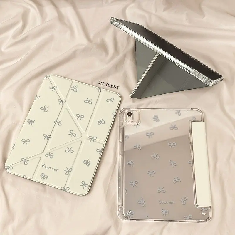Pink Yellow Mirror Bow Sweet iPad Case For iPad Pro 11 13in 2025 iPad Pro 12.9in Air7 10th 11th M4/5 3+y Fold Anti-fall Cover