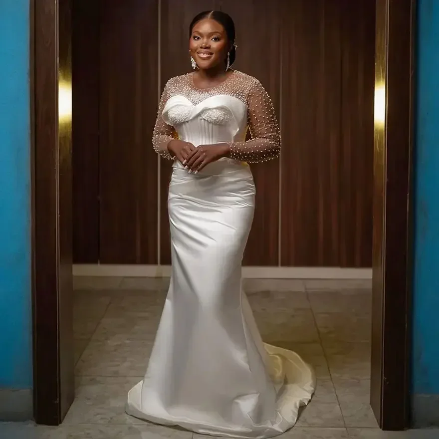 Customized Plus Size Mermaid Dress Bride Detachable Train Bridal Illusion Long Sleeves Pearls Satin Wedding Gowns For Africa