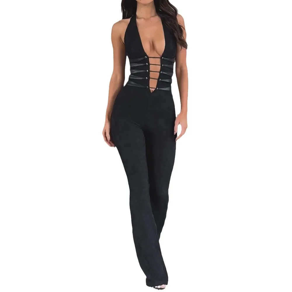 Women Jumpsuits Sleeveless Pullover Sexy Lace Rompers One Piece Ankle Length Straight Pants High Street Solid Spliced Slim