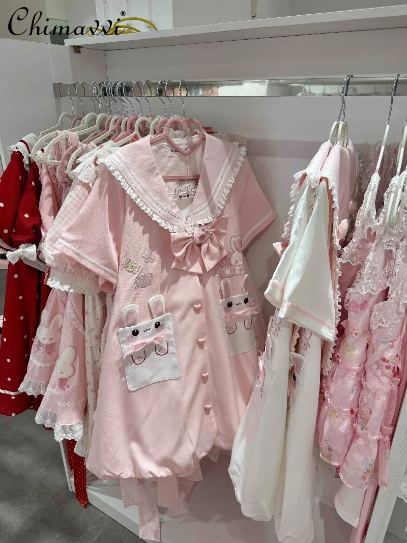 

Original Cute Soft Girl Sweet Flower Bud Dress 2025 New Fashion Turn-Down Collar Short Sleeve Loose Elegant Y2k Dresses Women