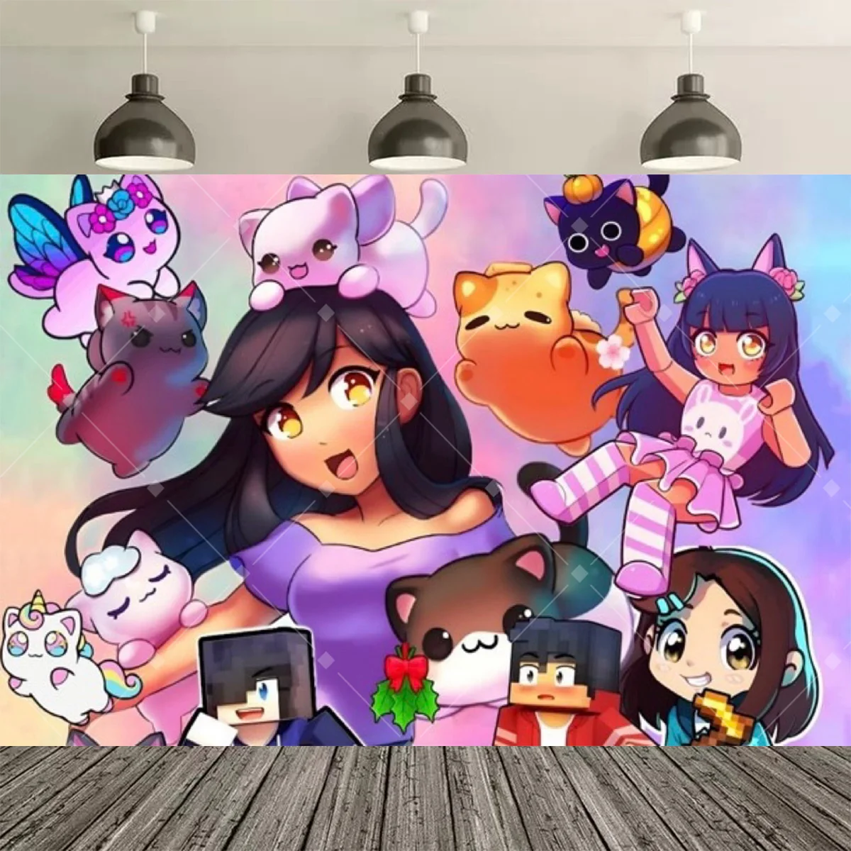Niedlicher Aphmau-Katzen-Geburtstagshintergrund, Cartoon-Kätzchen-Geburtstagsbanner für Kinder, Mädchen, Geburtstagsparty, Fotodekoration – Detail 6