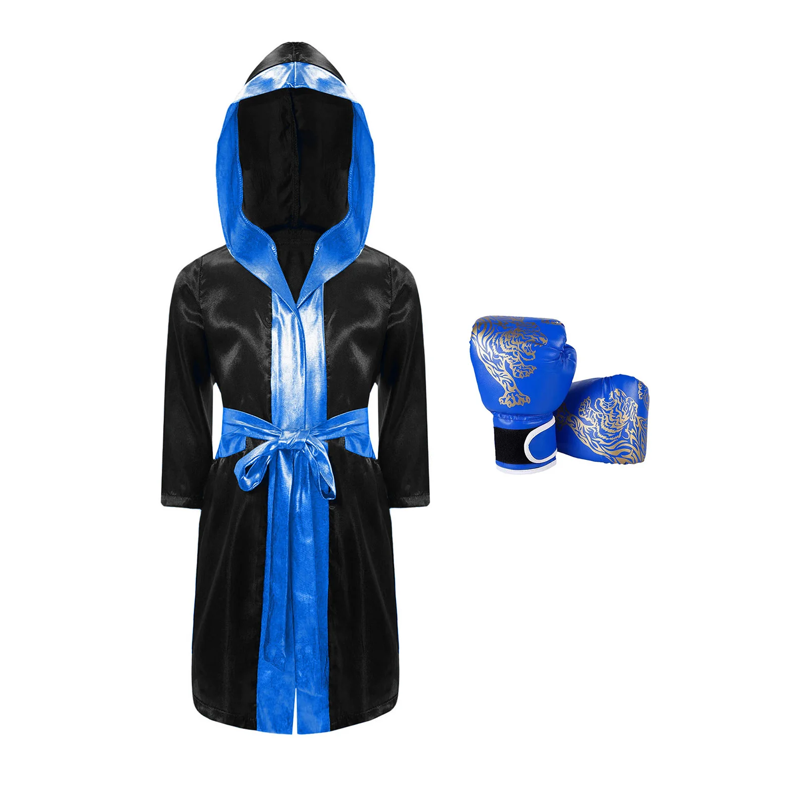 Kids Boys Boxing Robes Children Training Costume Outfit Grappling Muay Thai Hooded Robe with Belt Shorts Bjj Boxer Gloves Set