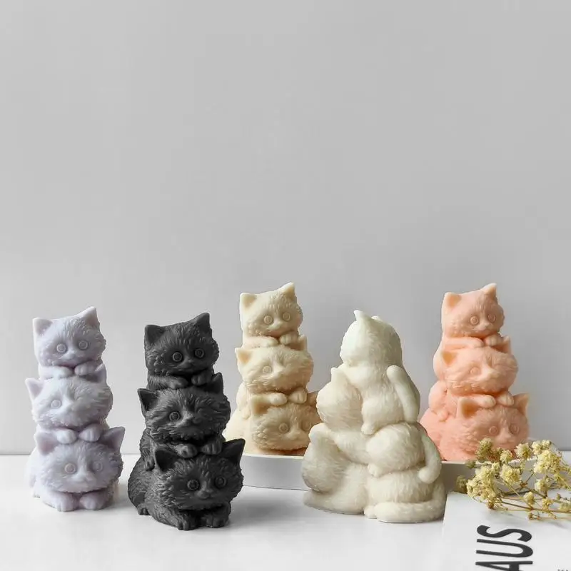 Stacking Cats Candle Mold Silicone Stacking Three Cats Candle Making Mold Reusable Enjoy Hands-On Fun Easily Unmold Candle