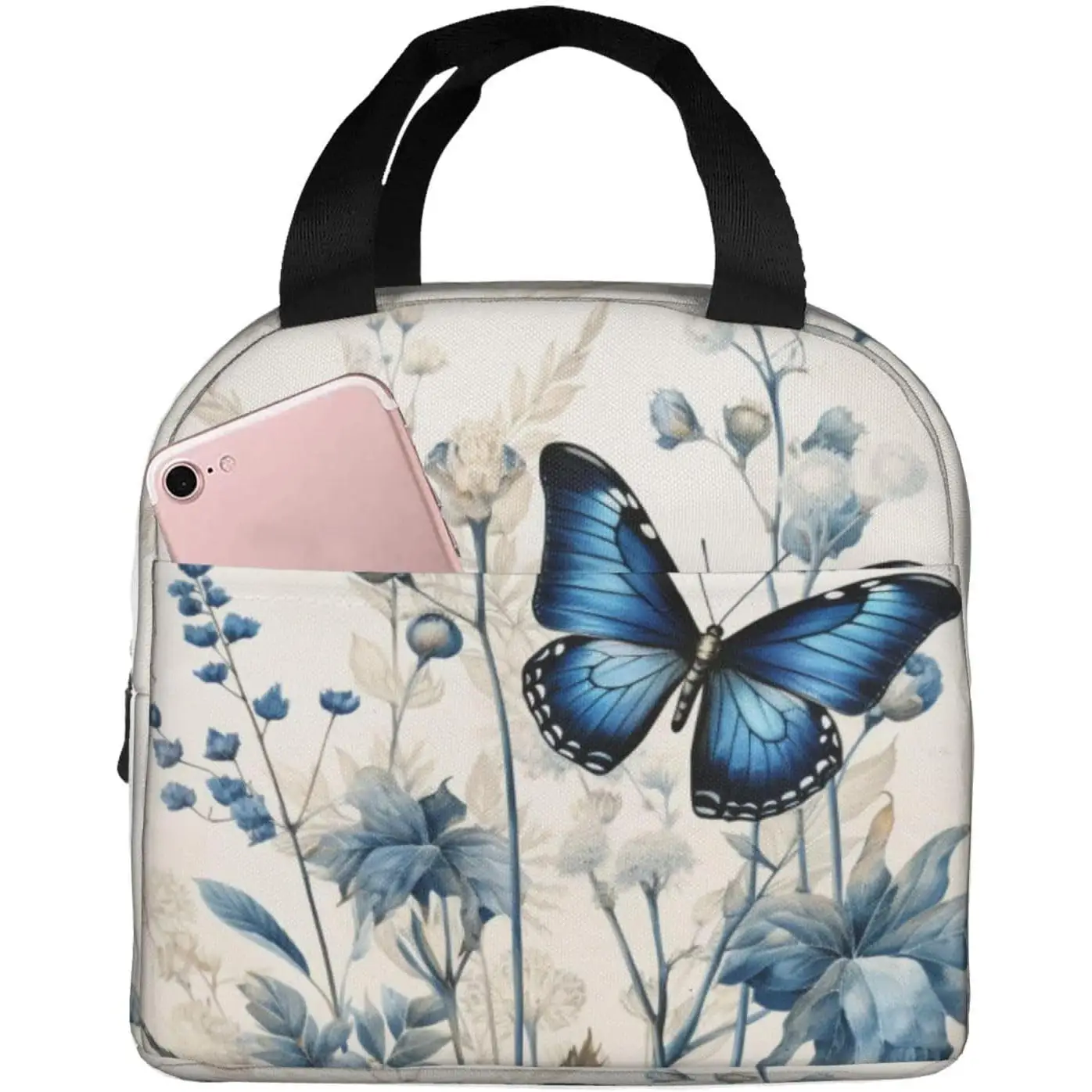 

Butterfly Blue Flower Boho Insulated Lunch Box Reusable Cooler Tote for Adults Student Girl Boy Work Office School Picnic